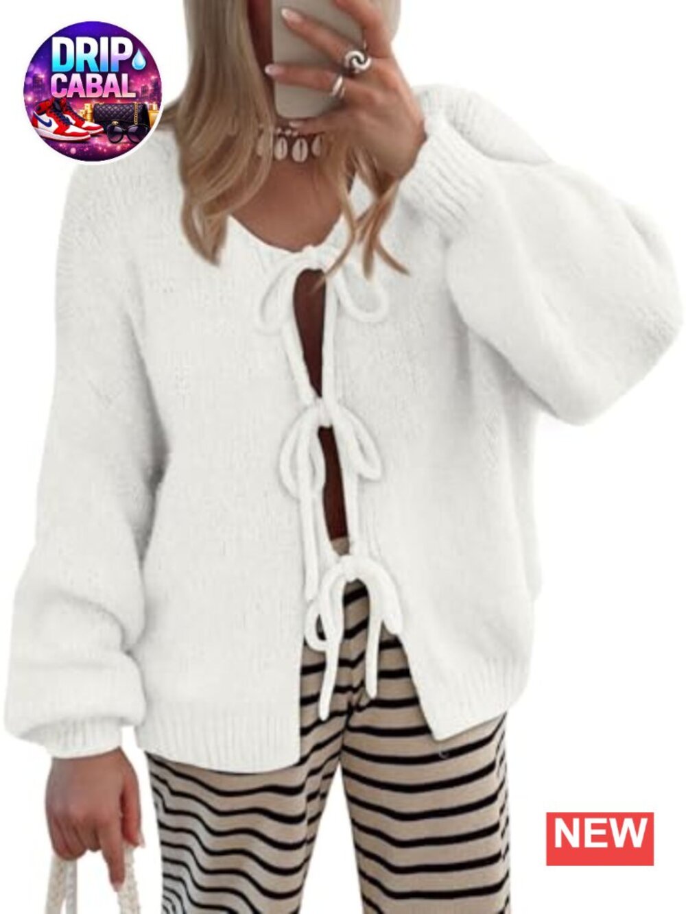 Tie Front Cardigan Puff Sleeve Bow Knit Sweater Women's Fall Layering Top